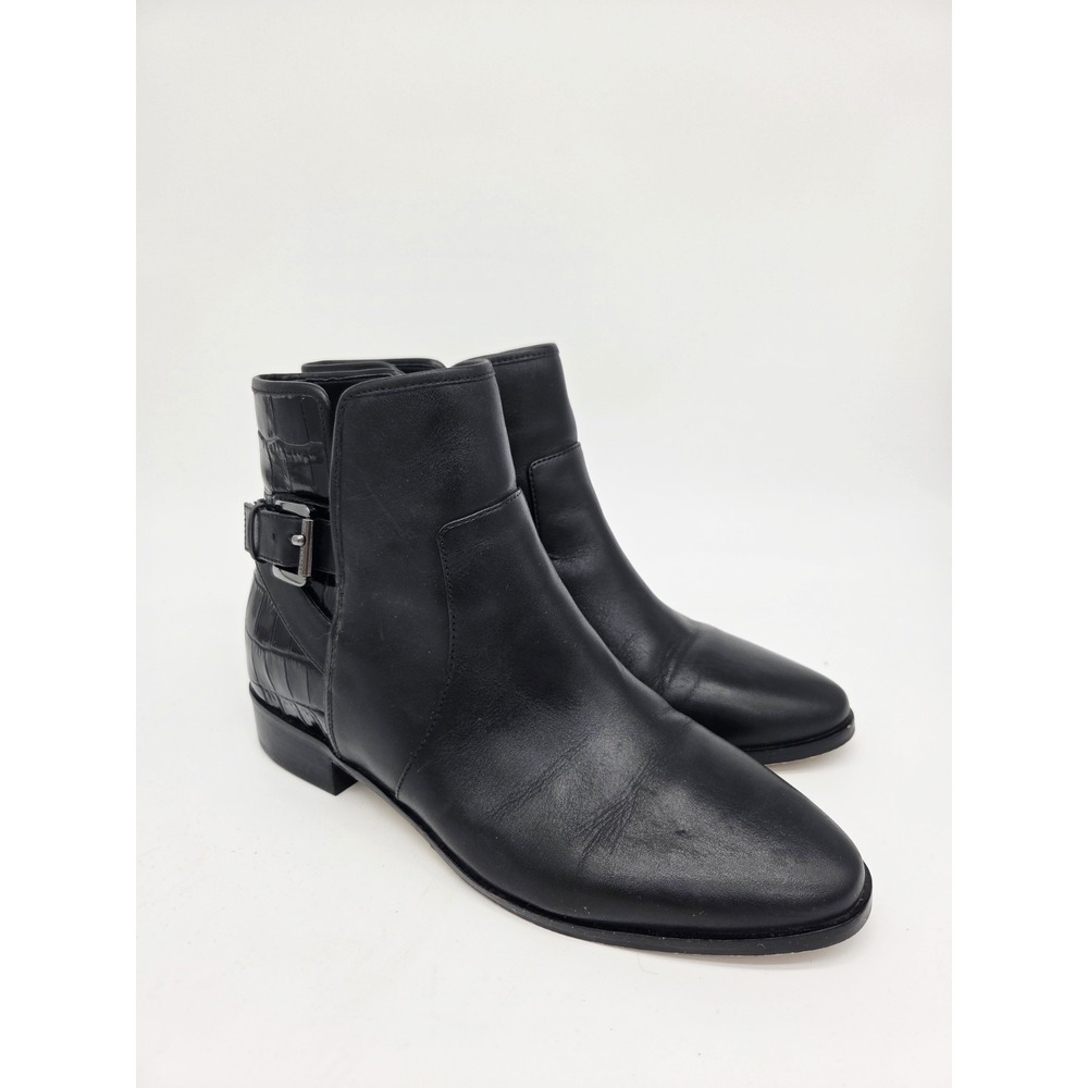 Michael Kors Womens Black Leather Boots Croc Embossed 7.5M Buckle Bootie